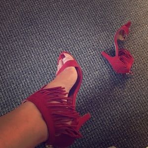 Lane Bryant Fringe skinny strap heel Red Suede